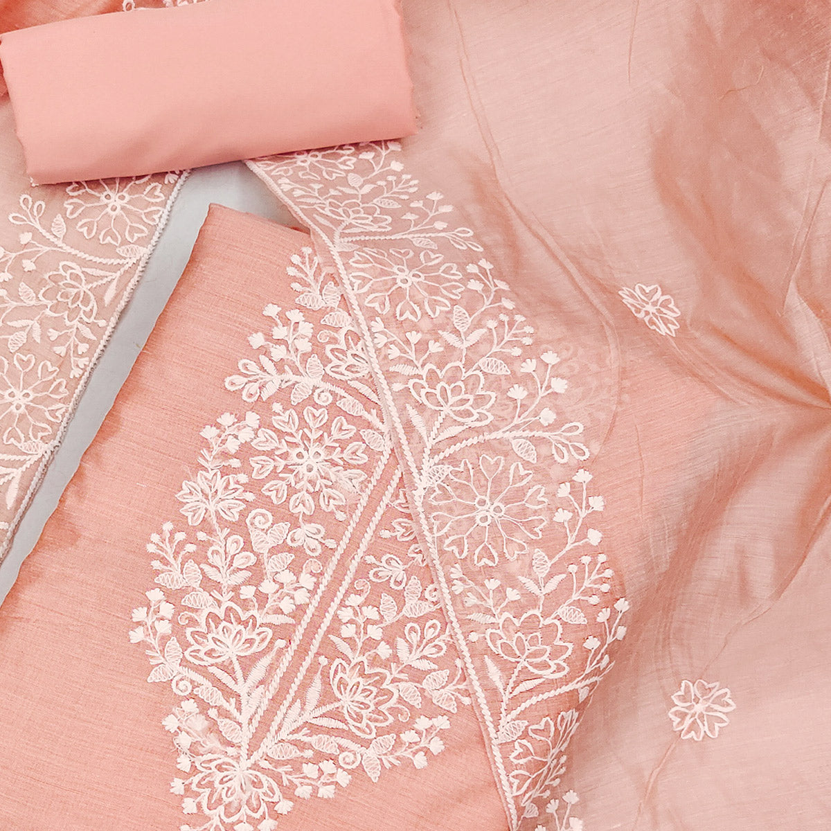 Peach Floral Embroidered Chanderi Silk Dress Material For Graceful Styling