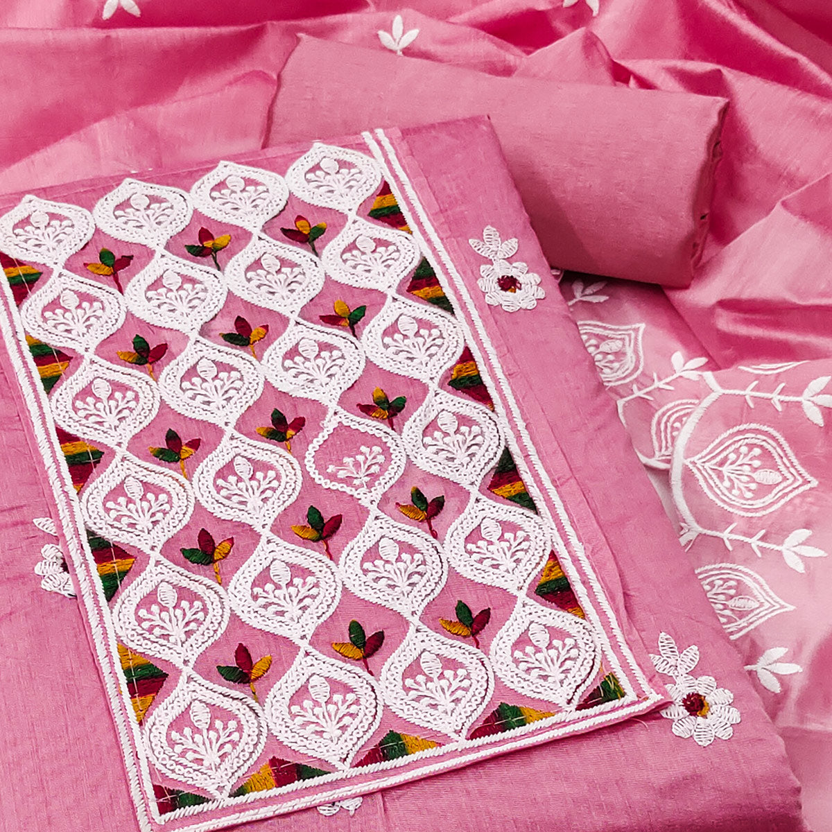 Pink Chanderi Cotton Suit Material with Graceful Embroidery