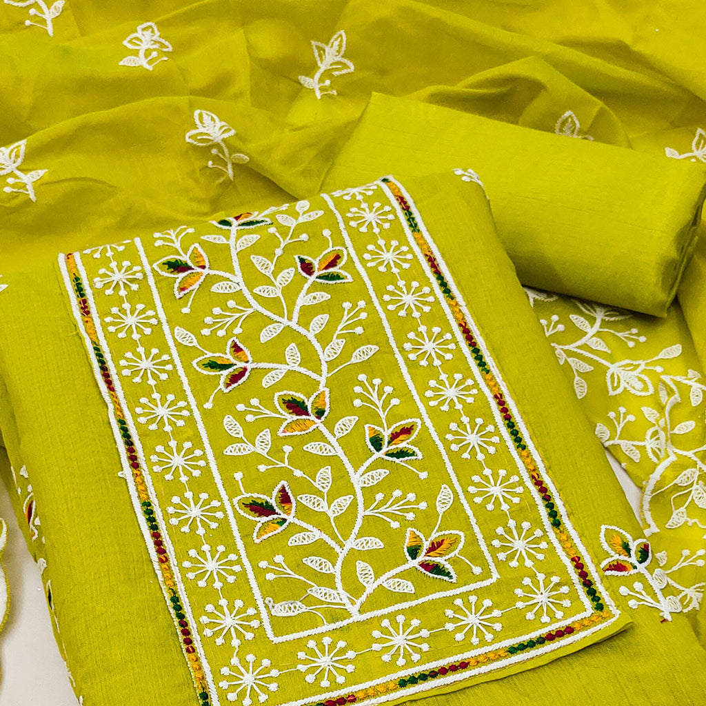 Parrot Green Embroidered Floral Chanderi Cotton Material for Elegant Dressing