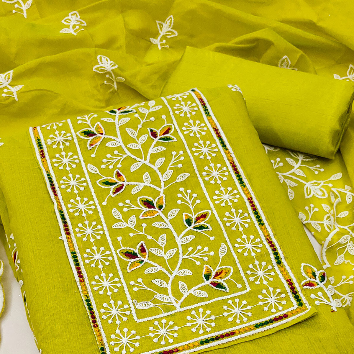 Parrot Green Embroidered Floral Chanderi Cotton Material for Elegant Dressing