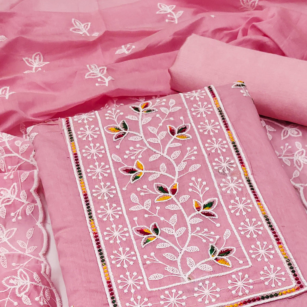 Pink Embroidered Floral Chanderi Cotton Material for Elegant Dressing