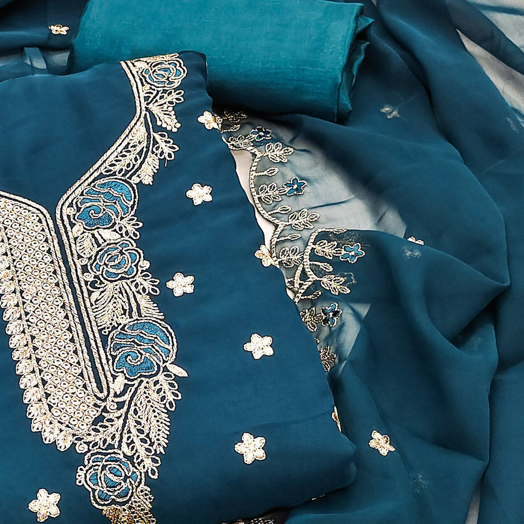 Blue Dress Material Featuring Delicate Floral Thread & Zari Embroidery Work On Georgette