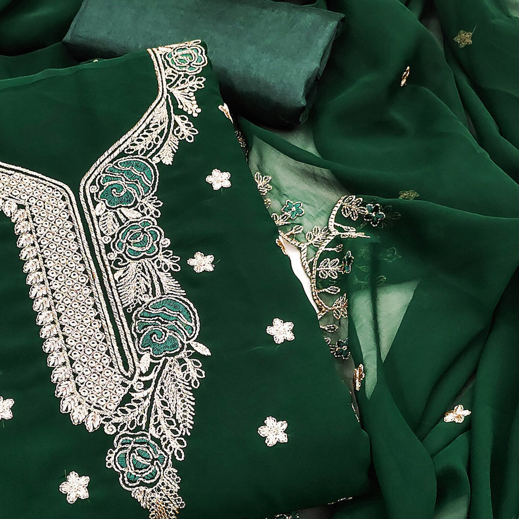 Bottle Green Dress Material Featuring Delicate Floral Thread & Zari Embroidery Work On Georgette