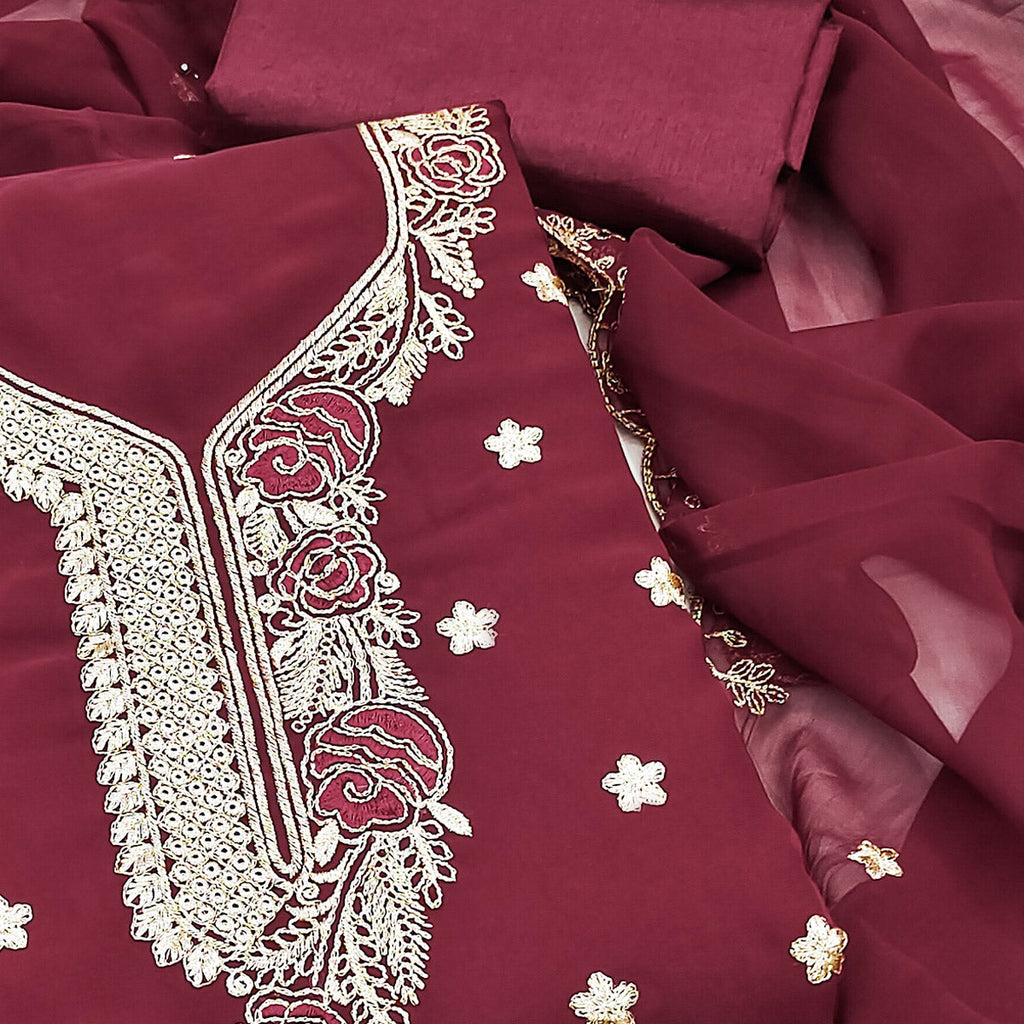 Maroon Dress Material Featuring Delicate Floral Thread & Zari Embroidery Work On Georgette