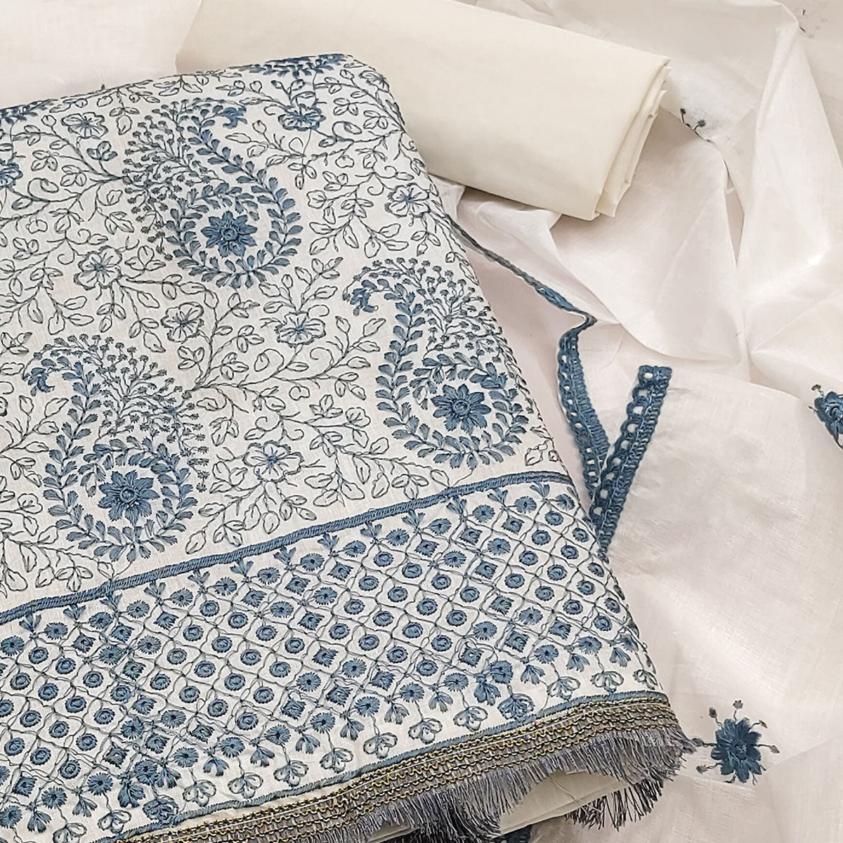 Cream Dress Material In Cotton Blend With Graceful Floral Thread Embroidery