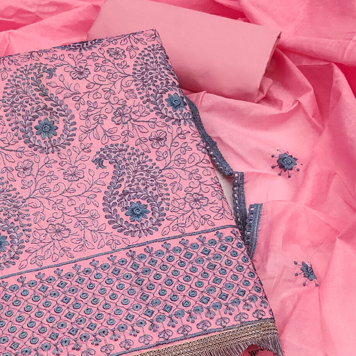 Pink Dress Material In Cotton Blend With Graceful Floral Thread Embroidery