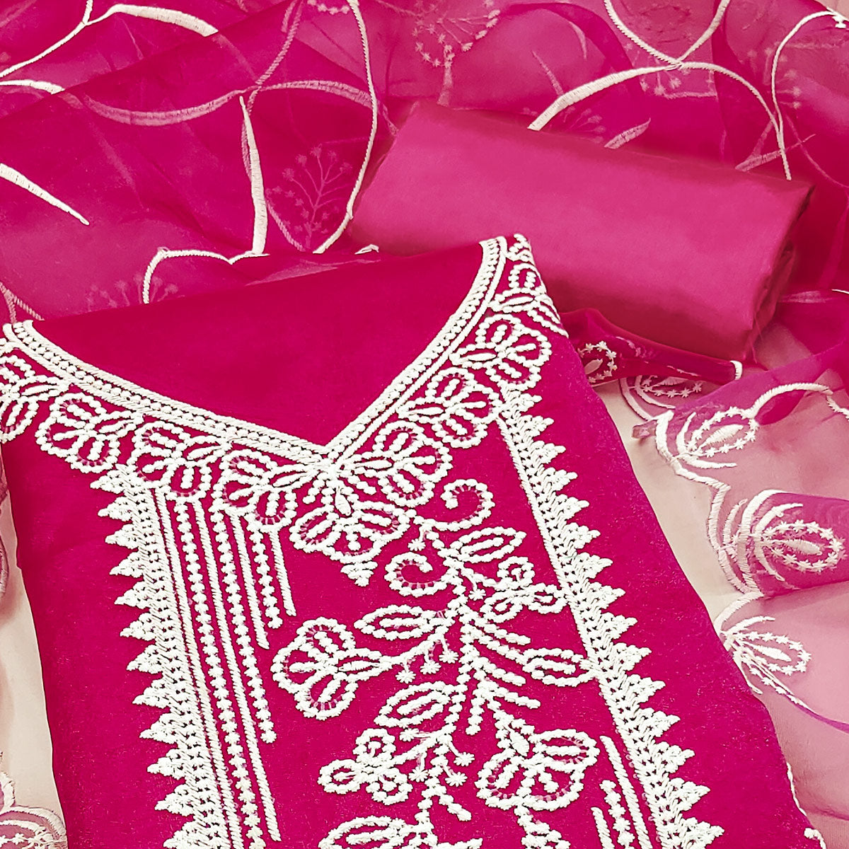 Pink Organza Dress Material With Alluring Thread Floral Embroidery