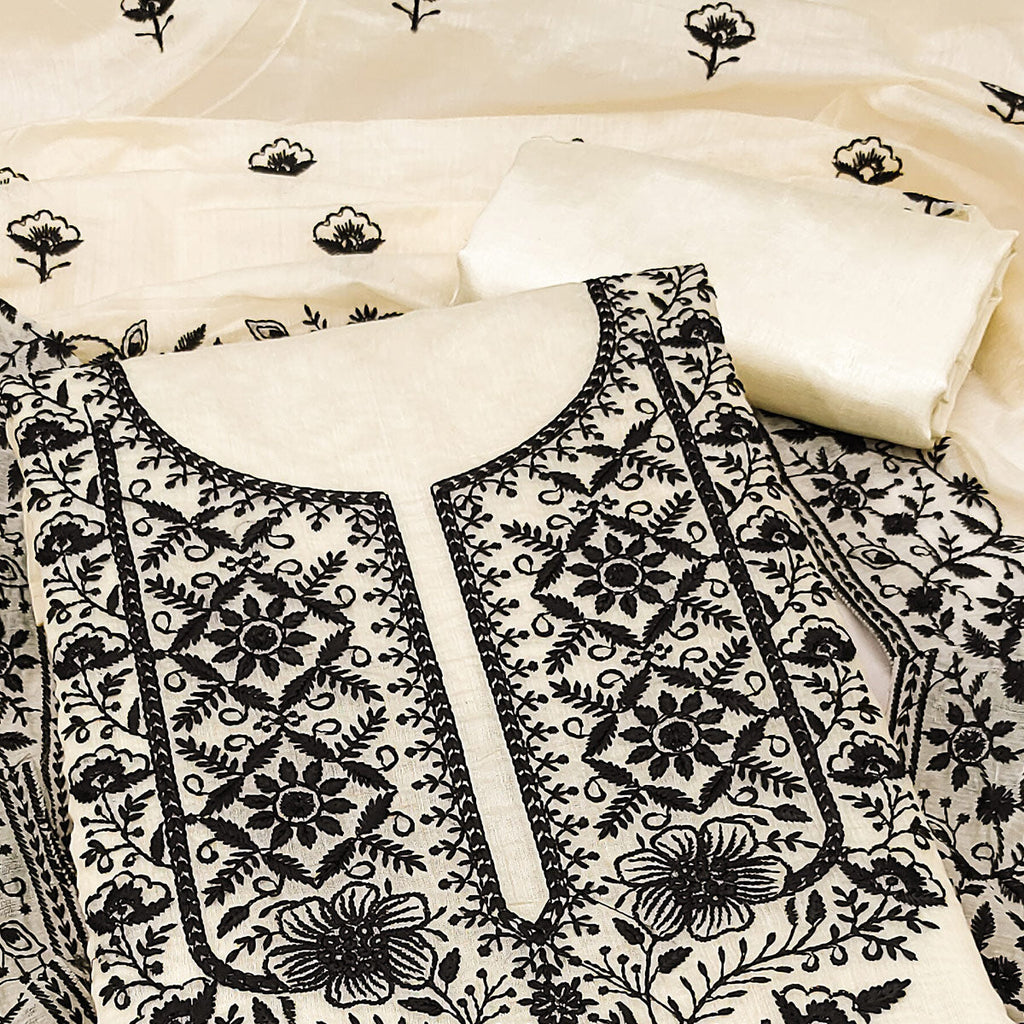 Festive Off White Floral Embroidered Dress Material in Sheer Chanderi Silk