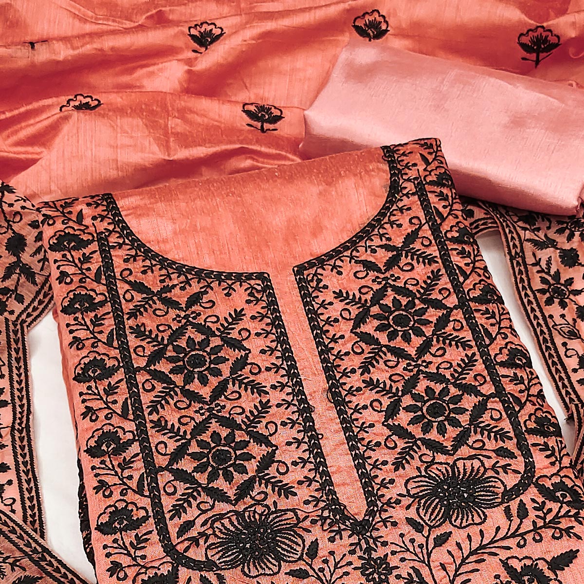 Festive Peach Floral Embroidered Dress Material in Sheer Chanderi Silk