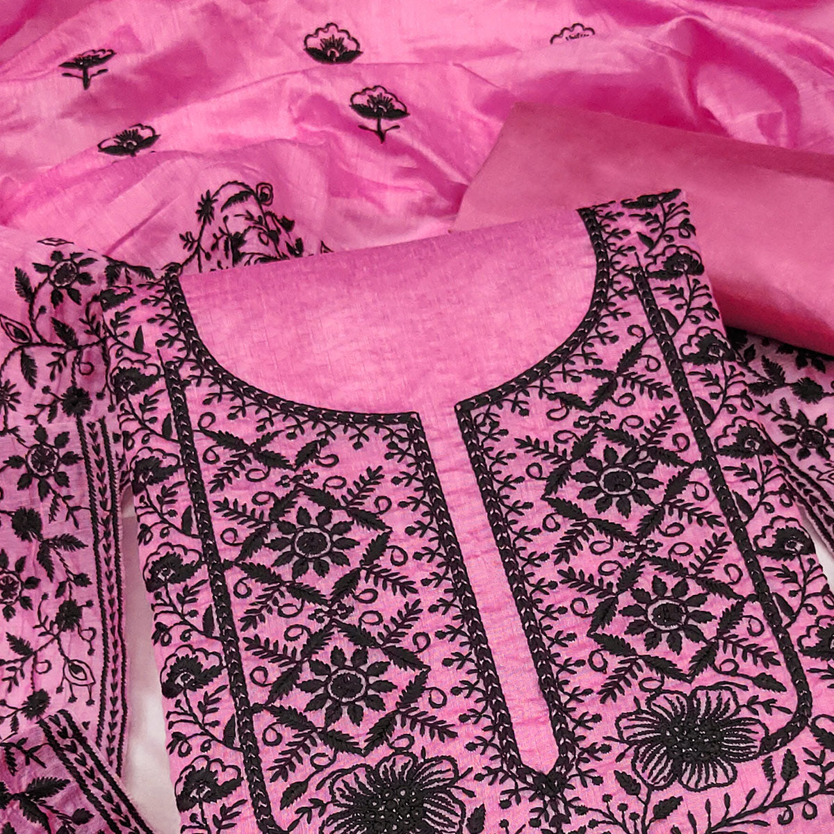 Festive Pink Floral Embroidered Dress Material in Sheer Chanderi Silk