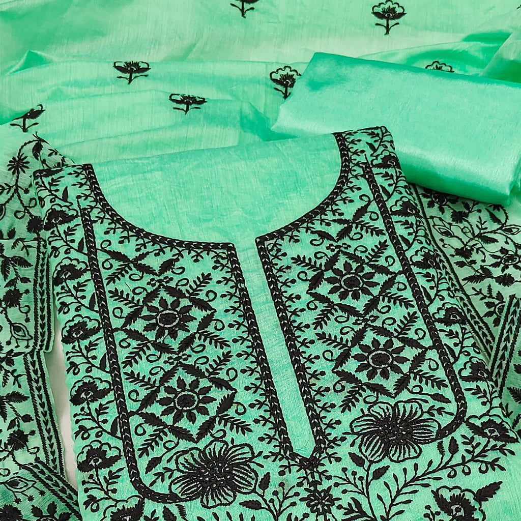 Festive Sea Green Floral Embroidered Dress Material in Sheer Chanderi Silk