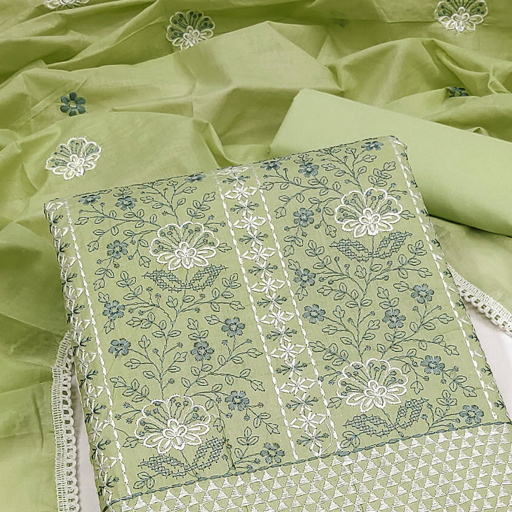 Green Floral Embroidery Cotton Fabric for Ethnic Wear and Everyday Grace