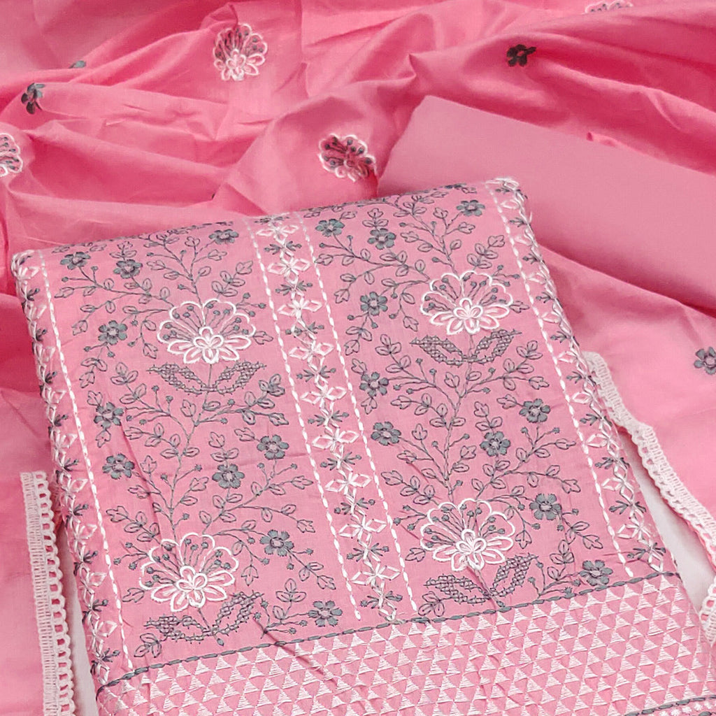 Pink Floral Embroidery Cotton Fabric for Ethnic Wear and Everyday Grace