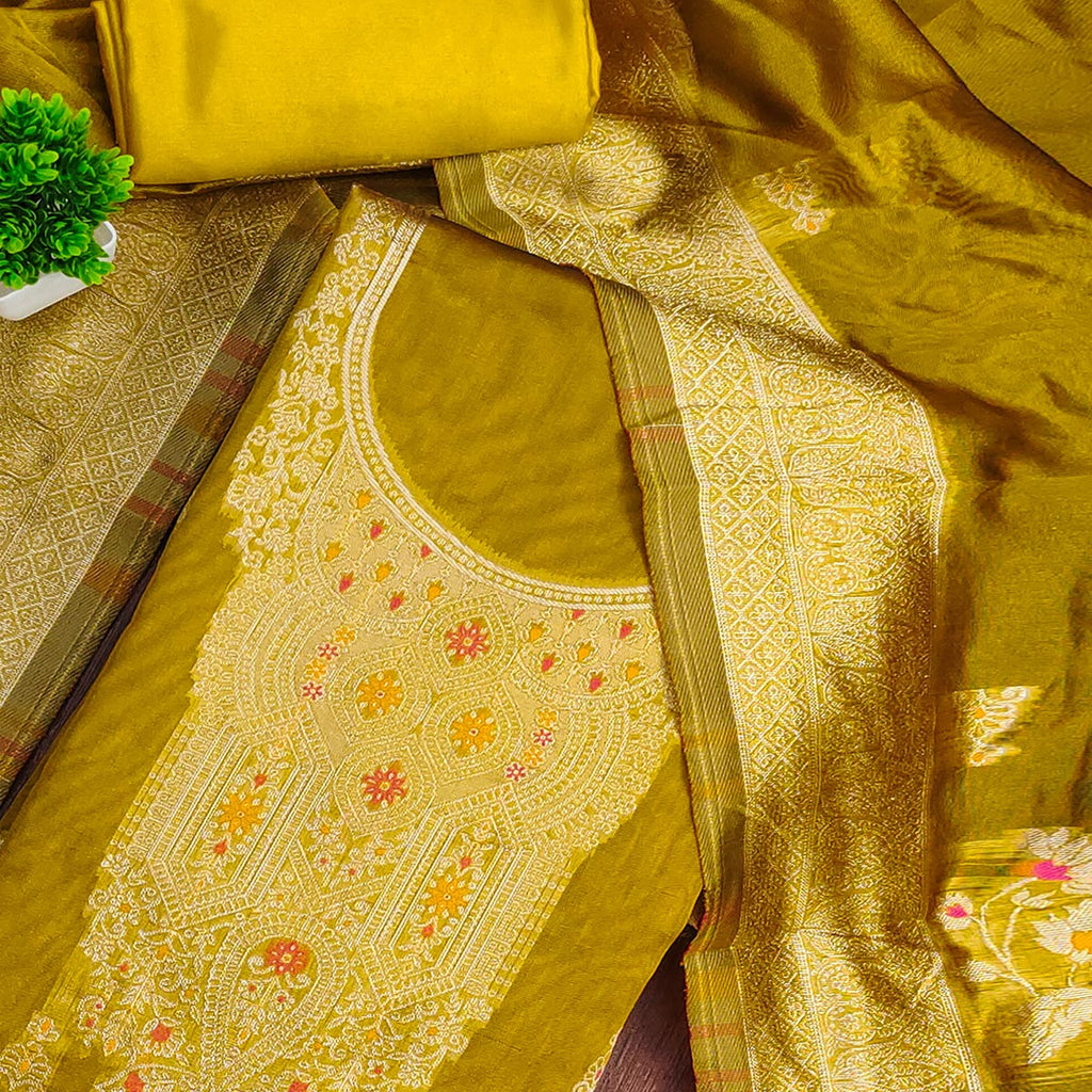 Olive Unstitched Dress Material in Sheer Chanderi Silk with Zari Work