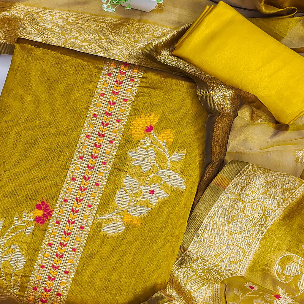 Dark Mustard Chanderi Silk Dress Material Adorned With Elegant Floral Zari Weaving