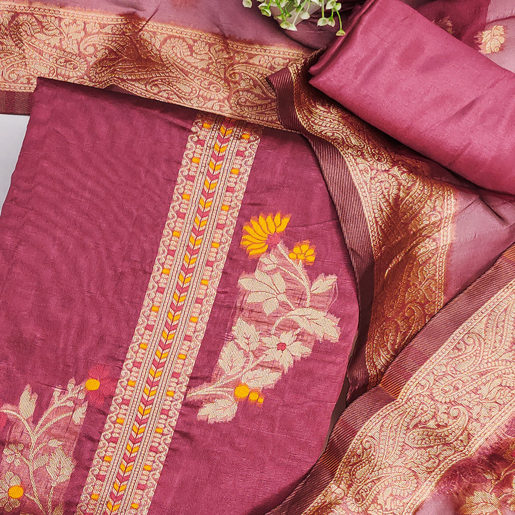 Pink Chanderi Silk Dress Material Adorned With Elegant Floral Zari Weaving