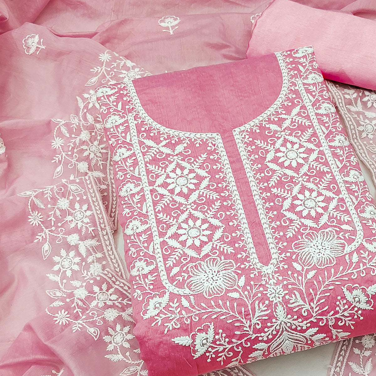 Pink Chanderi Silk Dress Material Enhanced with Delicate Floral Thread Embroidery