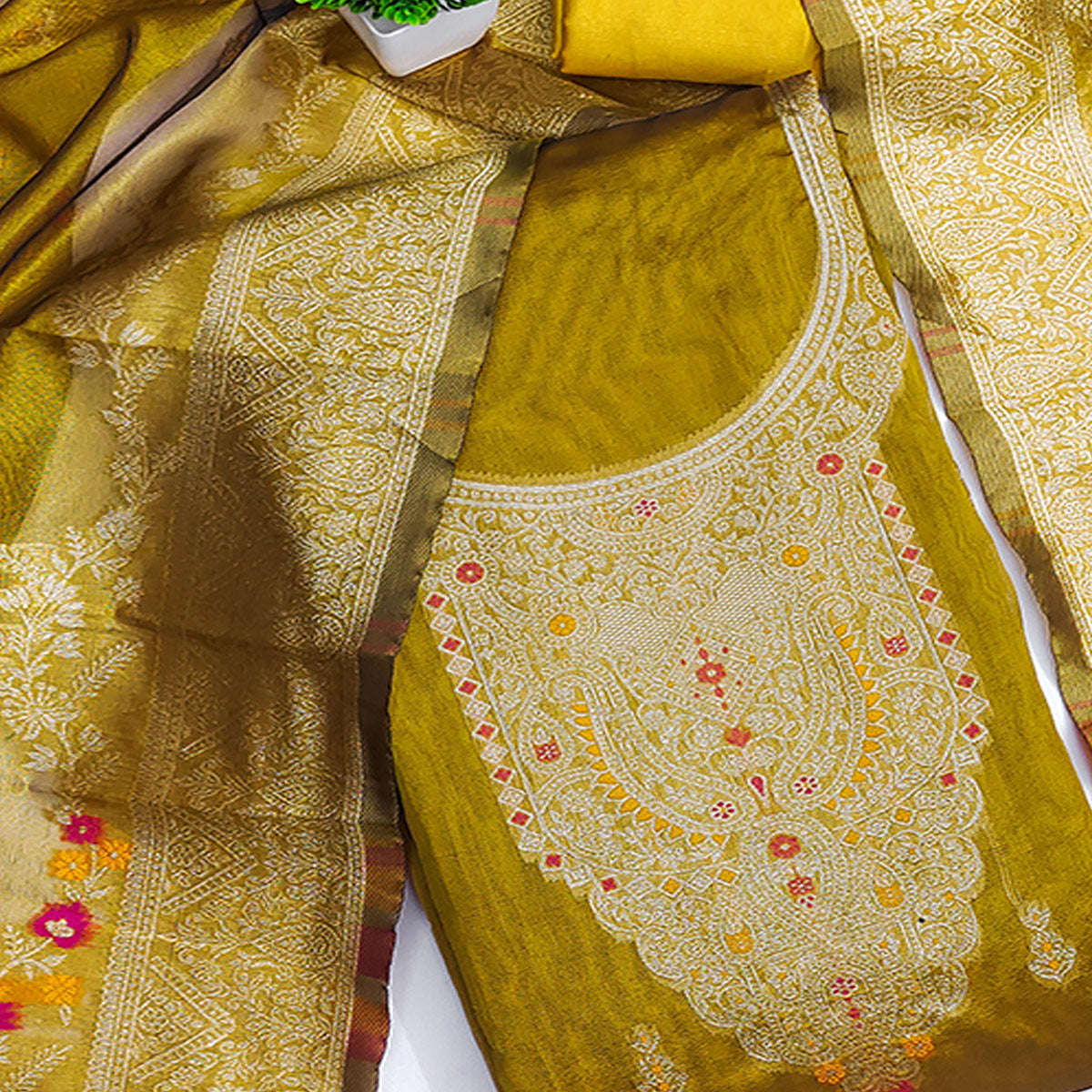 Dark Mustard Chanderi Silk Fabric with Intricate Floral Zari Woven Detailing
