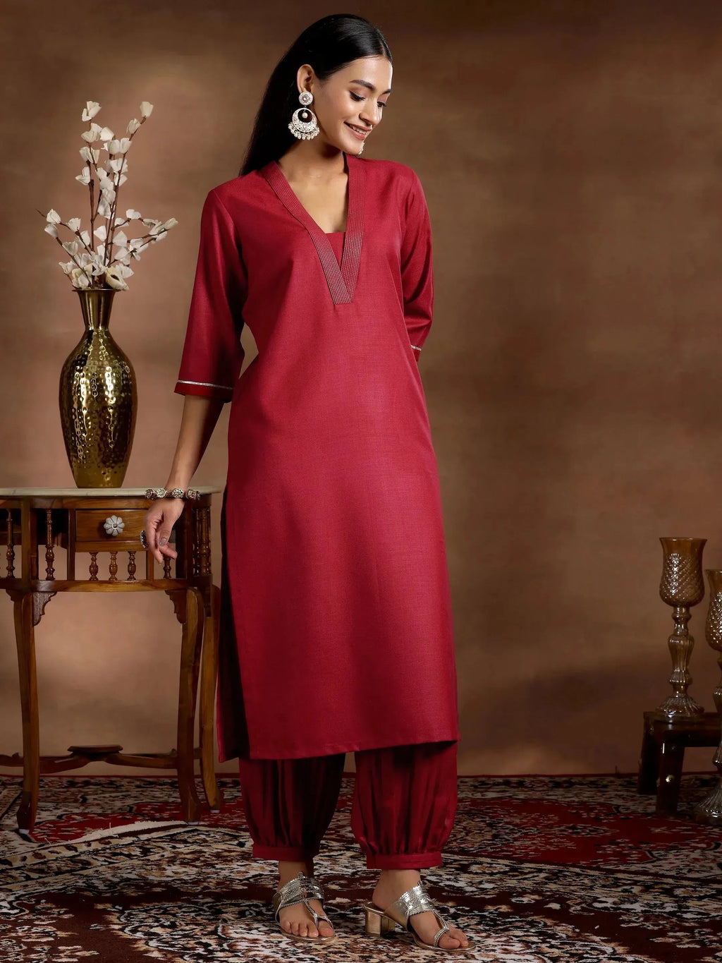 Maroon Solid Cotton Blend Straight Suit With Dupatta