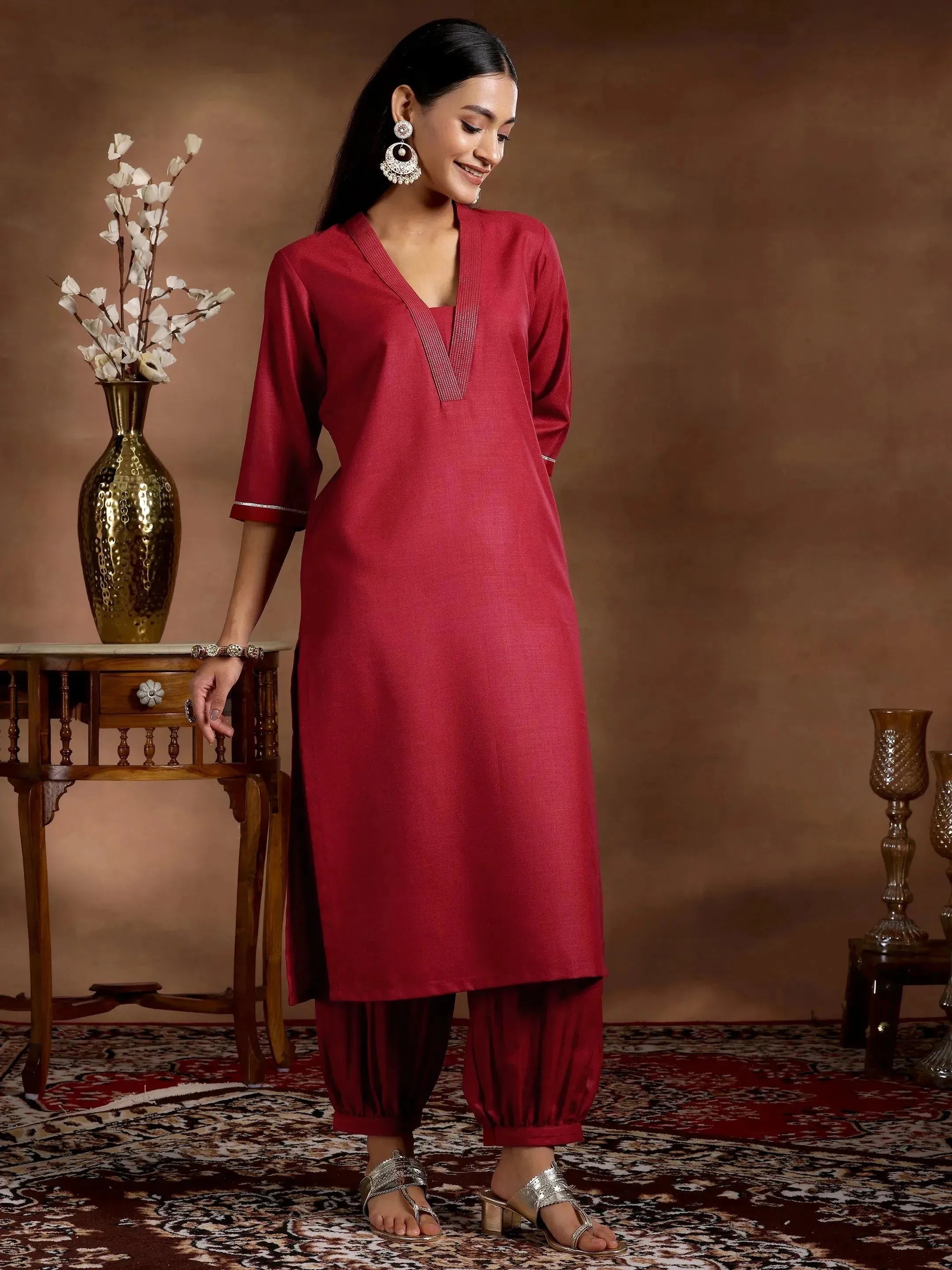 Maroon Solid Cotton Blend Straight Suit With Dupatta