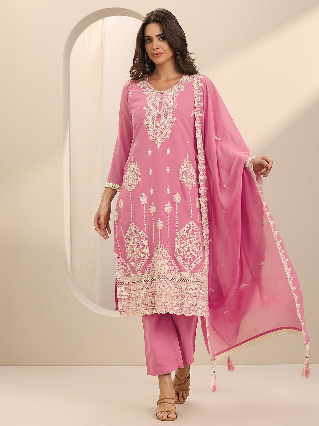 Pink Embroidered Georgette Straight Suit Set With Dupatta