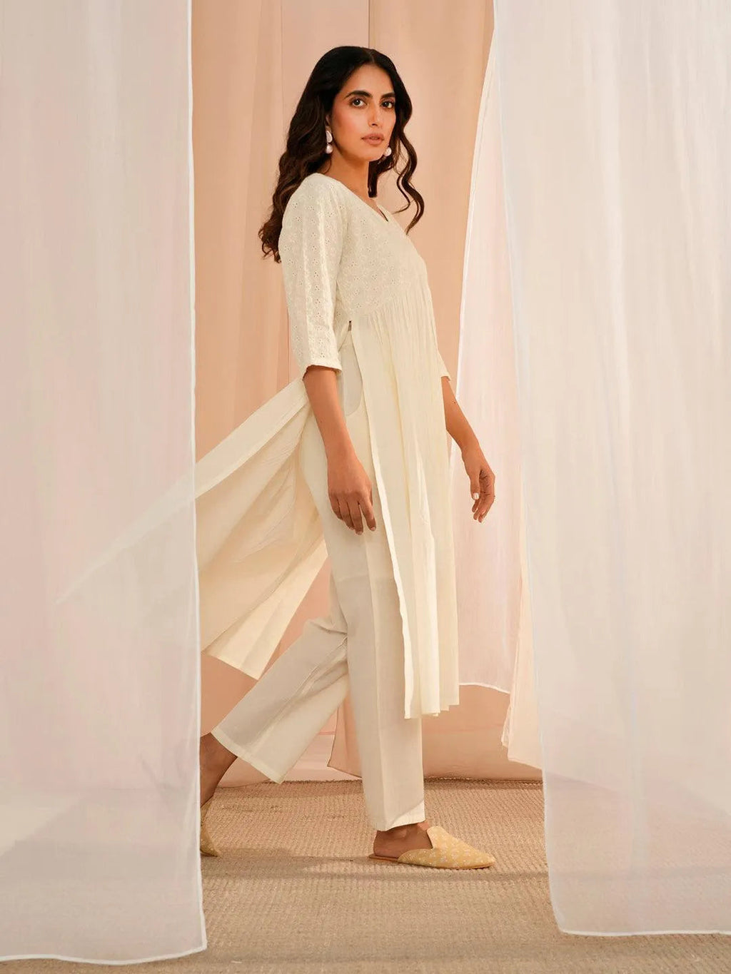 Off White Embroidered Cotton Straight Kurta Set