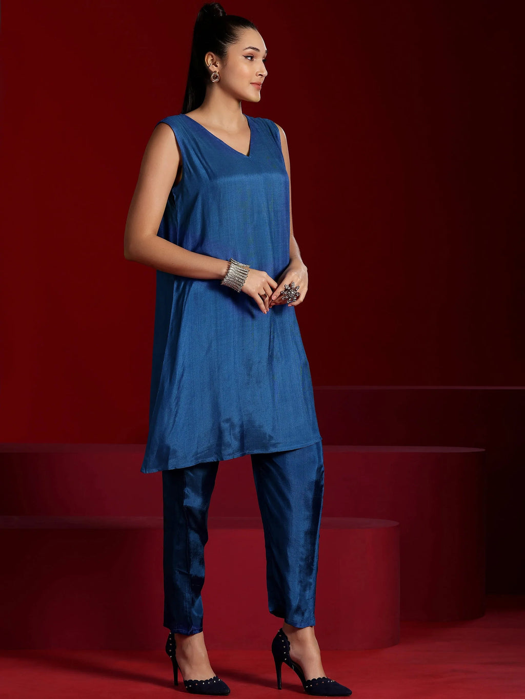 Libas Art Blue Printed Poly Georgette 3 Piece Co-Ords