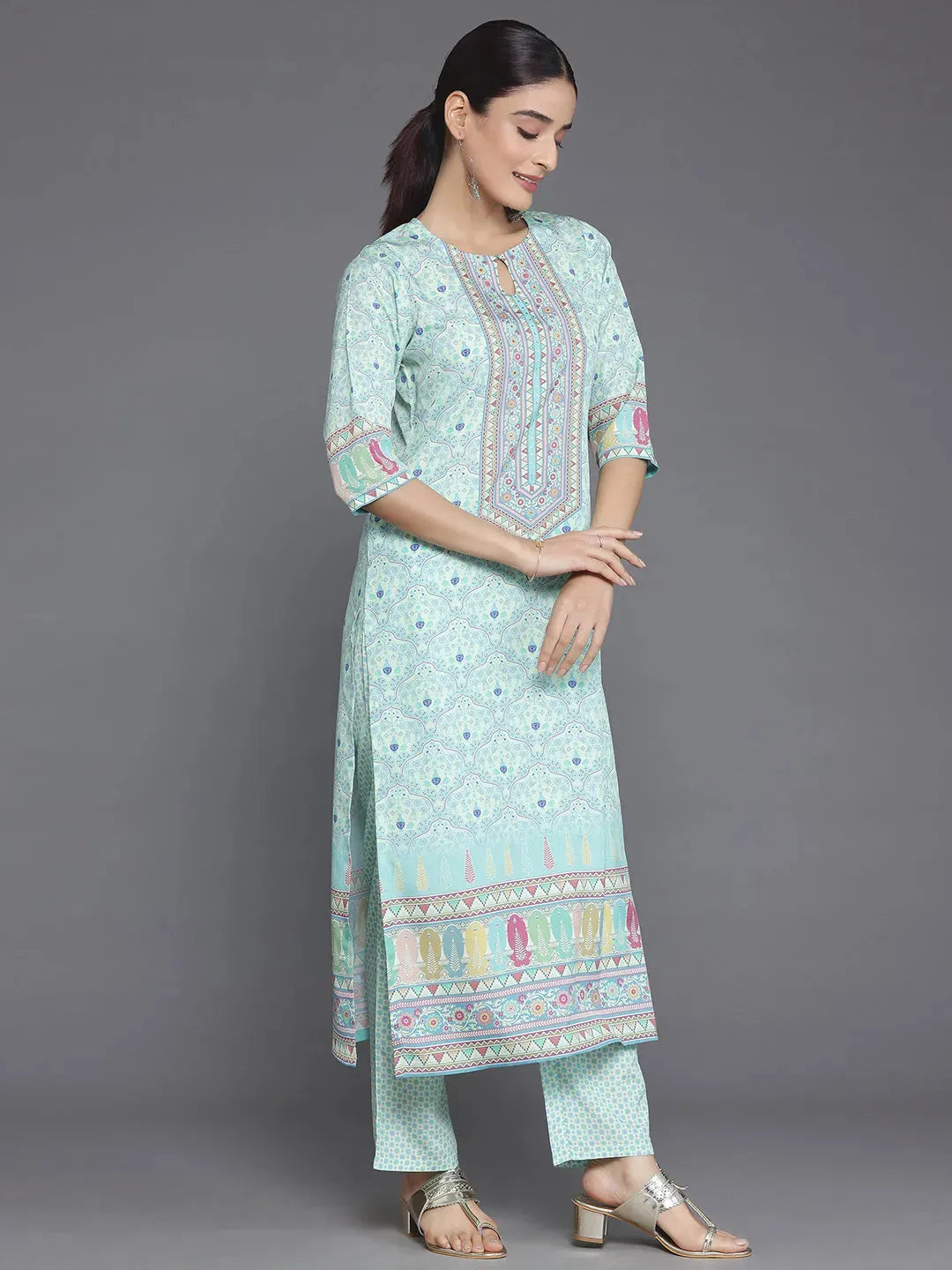 Green Printed Poly Crepe Straight Suit With Dupatta