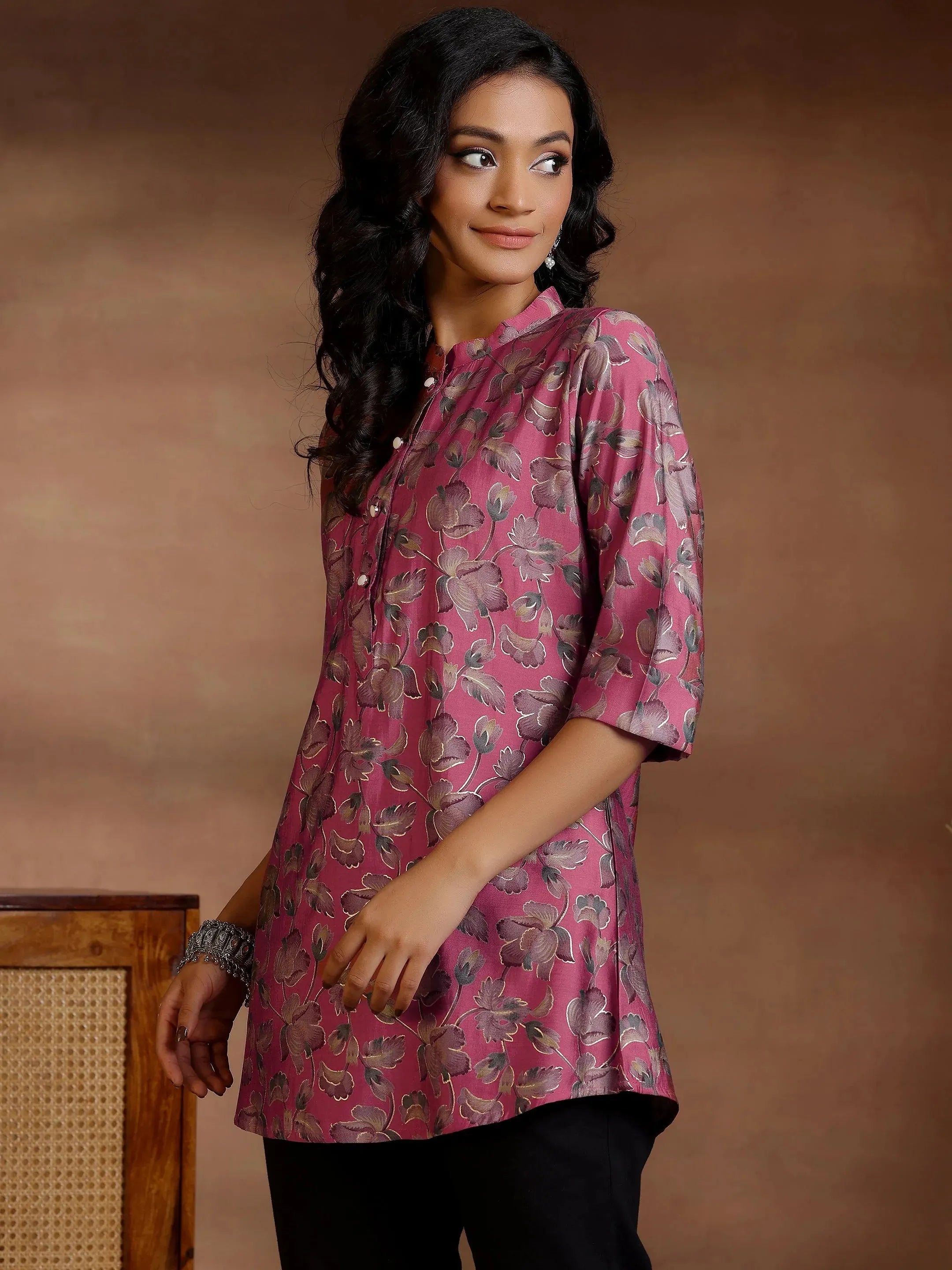 Mauve Printed Silk Blend Straight Kurti
