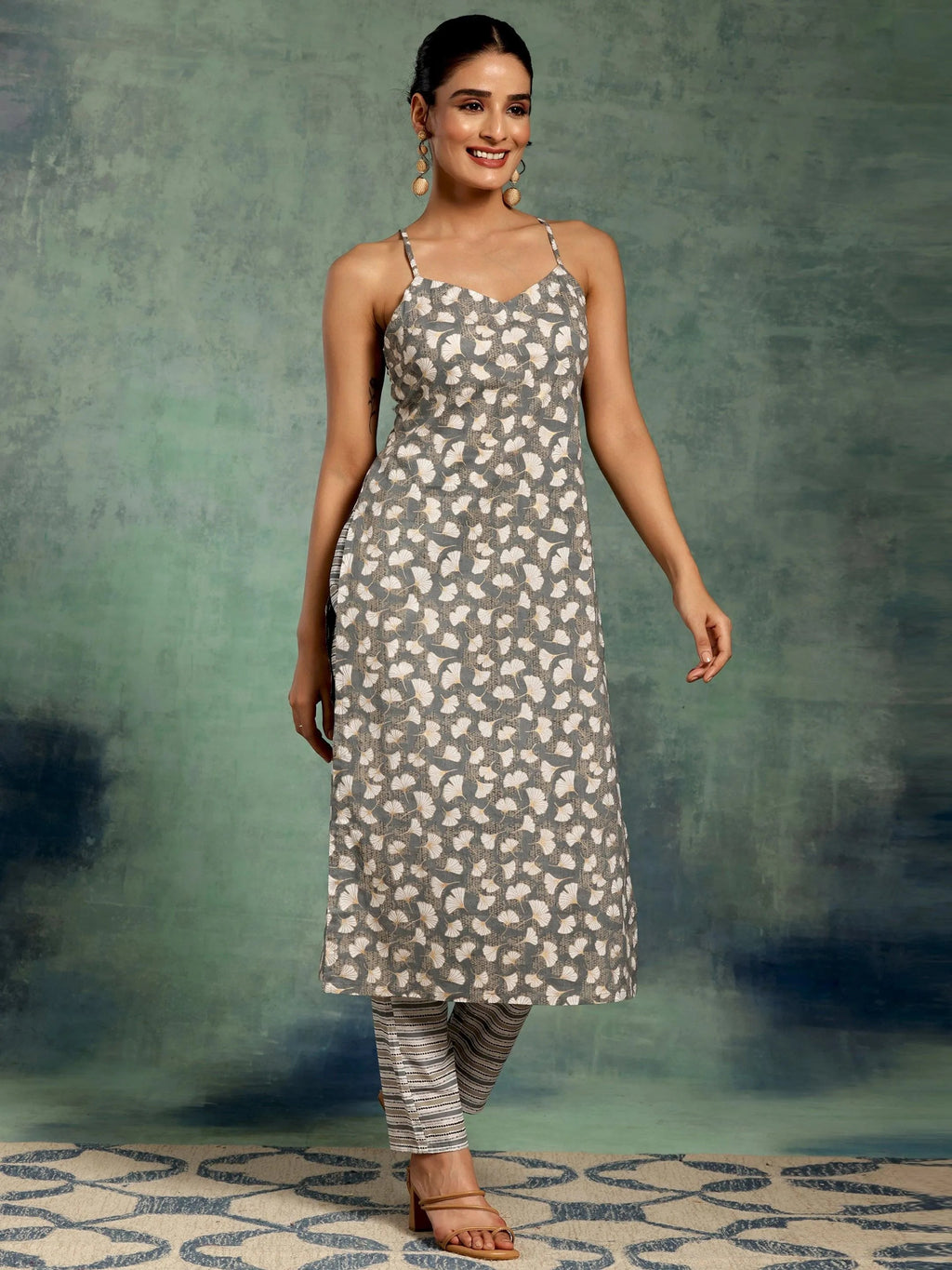 Grey Printed Cotton Straight Suit With Dupatta