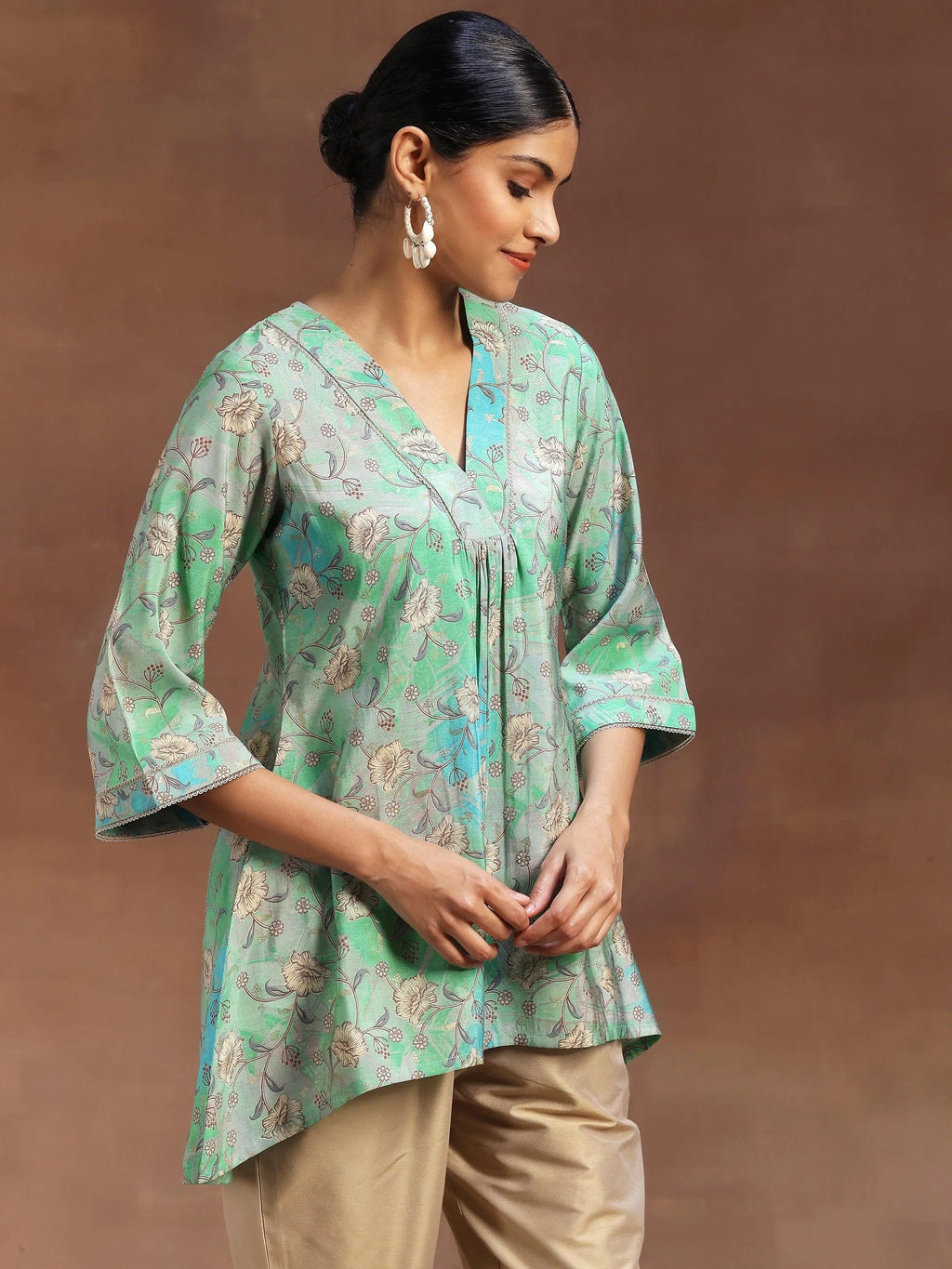 Green Printed Silk Blend A-Line Kurti
