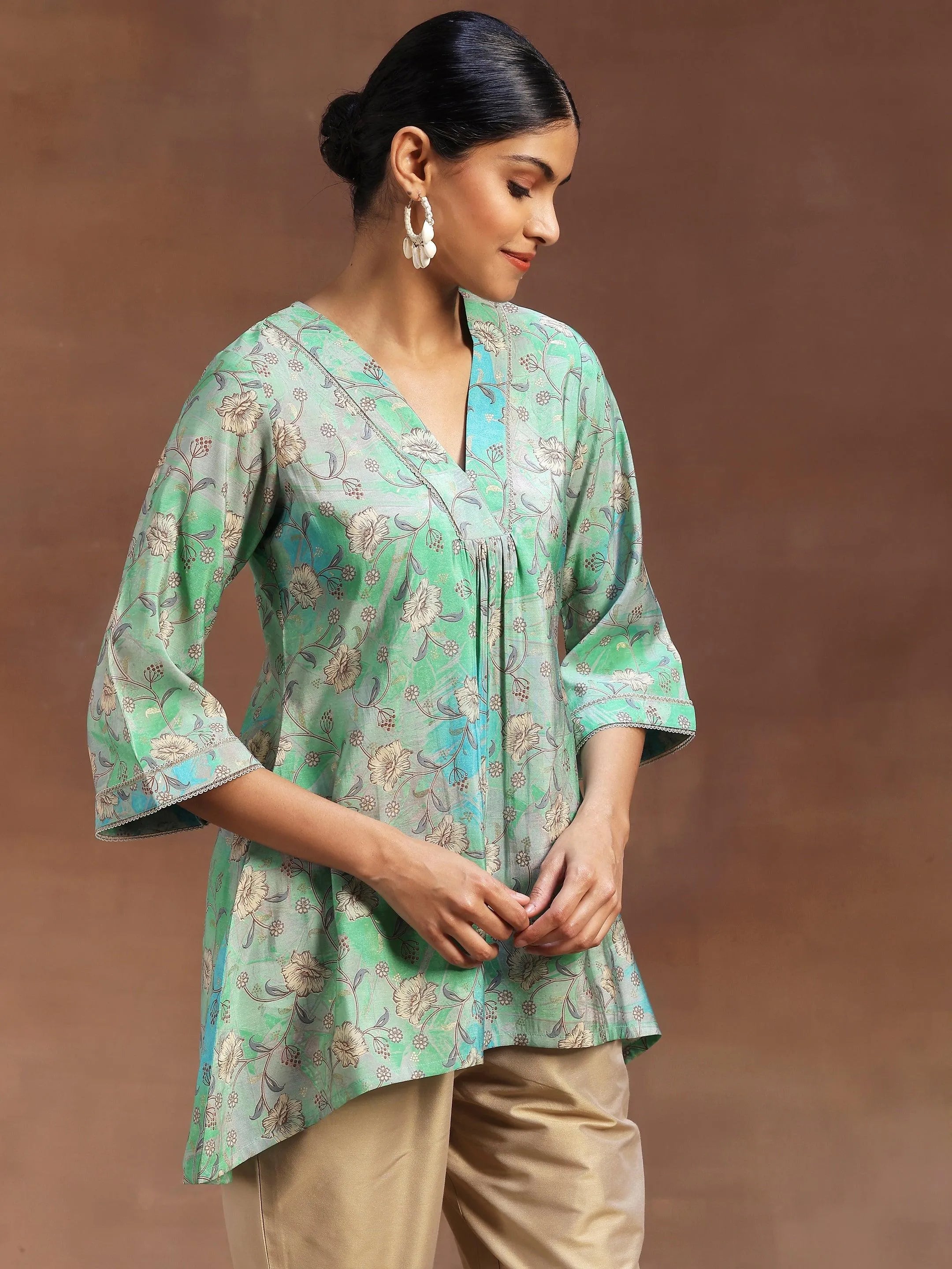Green Printed Silk Blend A-Line Kurti