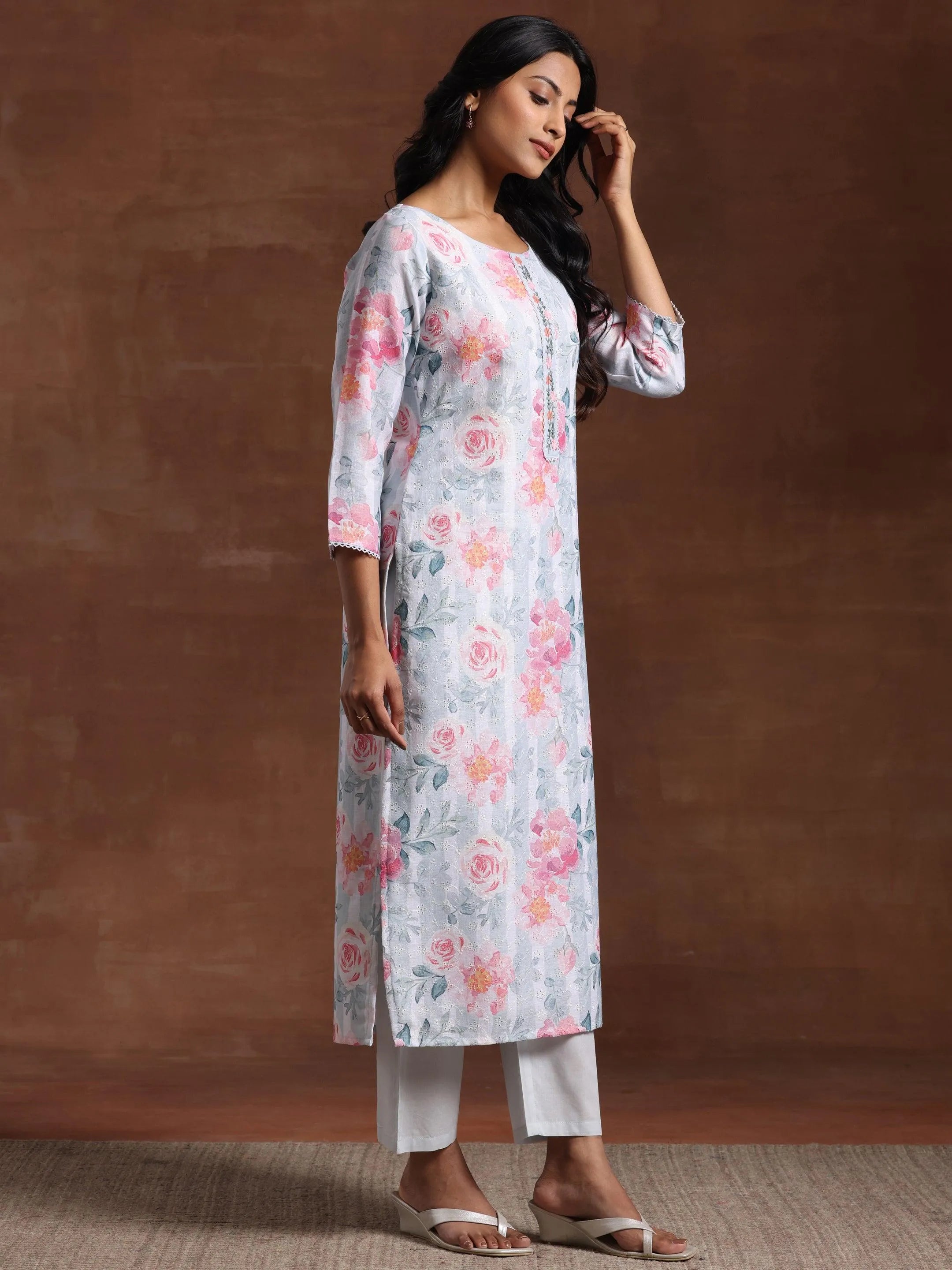 Grey Printed Cotton Blend Straight Suit With Dupatta