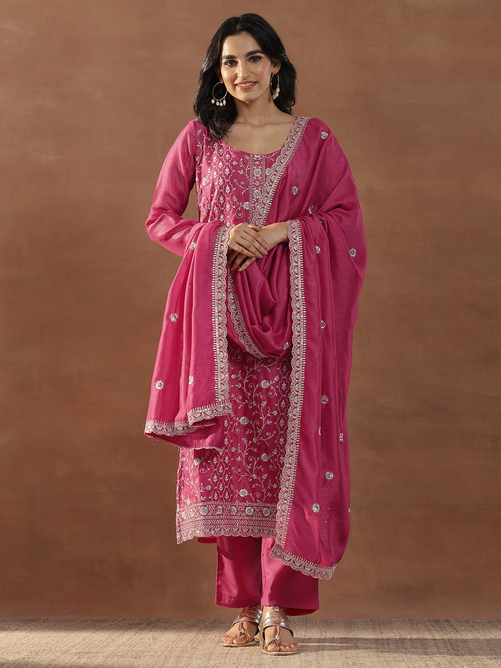 Pink Embroidered Silk Blend Straight Suits With Dupatta