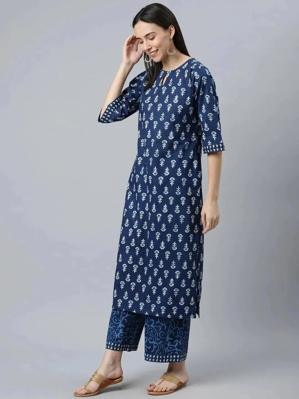 Blue Printed Cotton Straight Suit Set With Dupatta