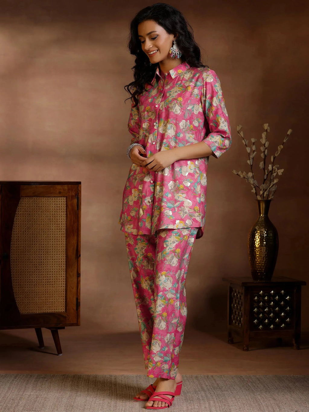 Pink Printed Silk Blend Co-Ords