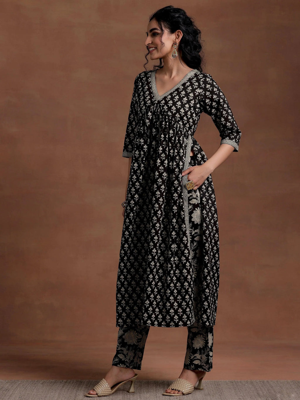 Black Printed Cotton A-Line Kurta With Palazzos