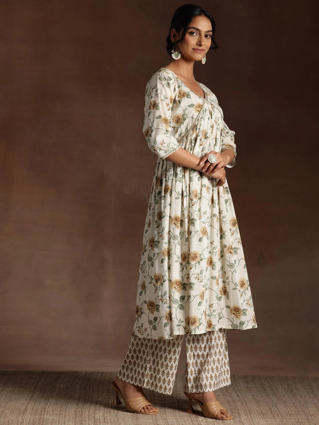 Off White Printed Cotton A-Line Kurta With Palazzos