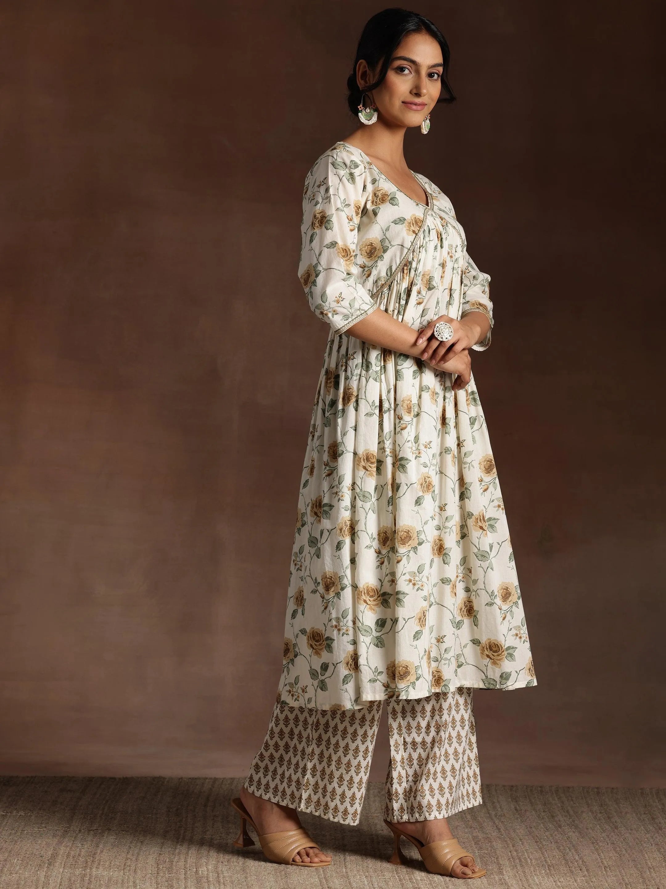 Off White Printed Cotton A-Line Kurta With Palazzos