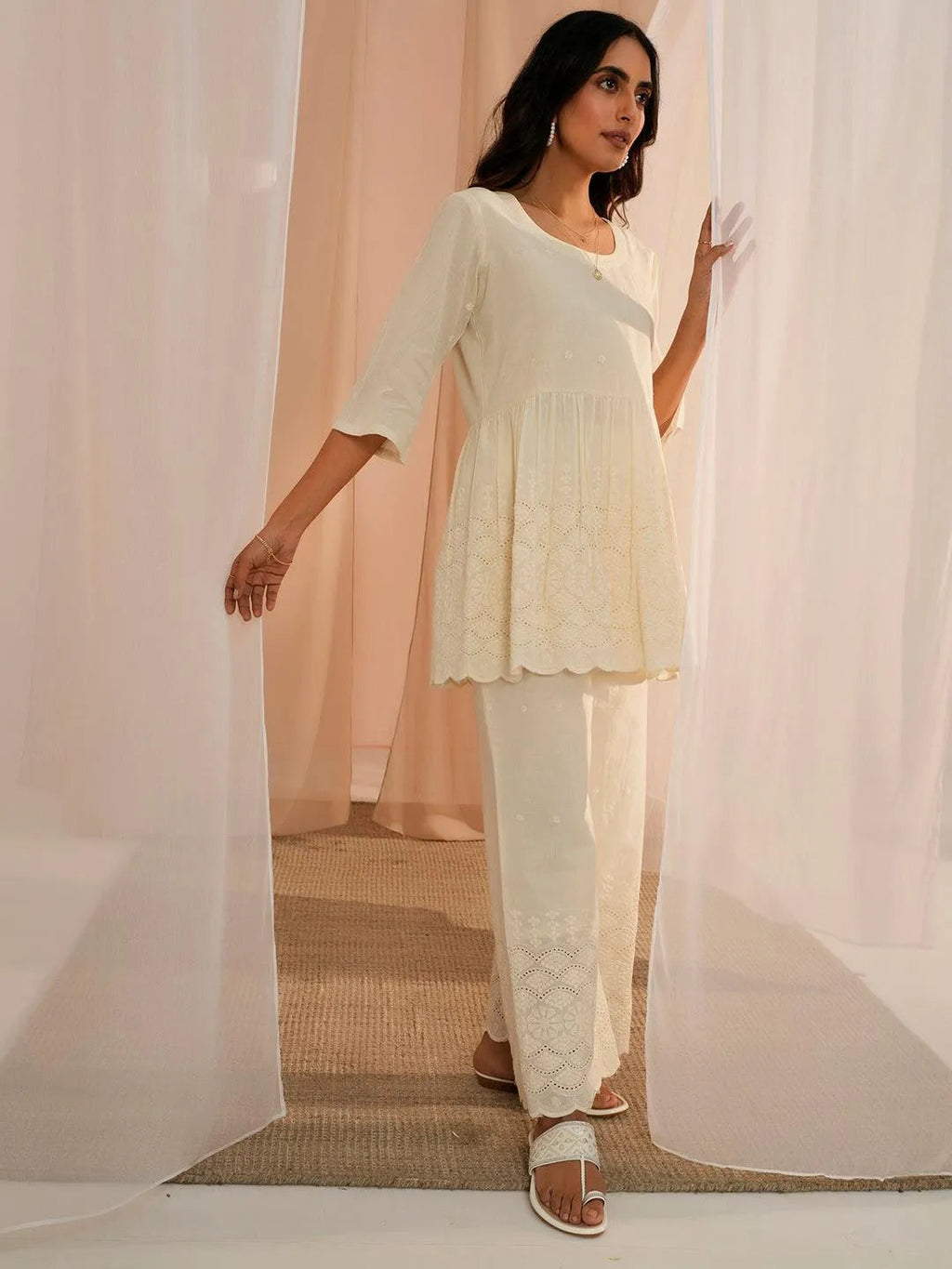 Off White Self Design Cotton Tunic With Palazzos