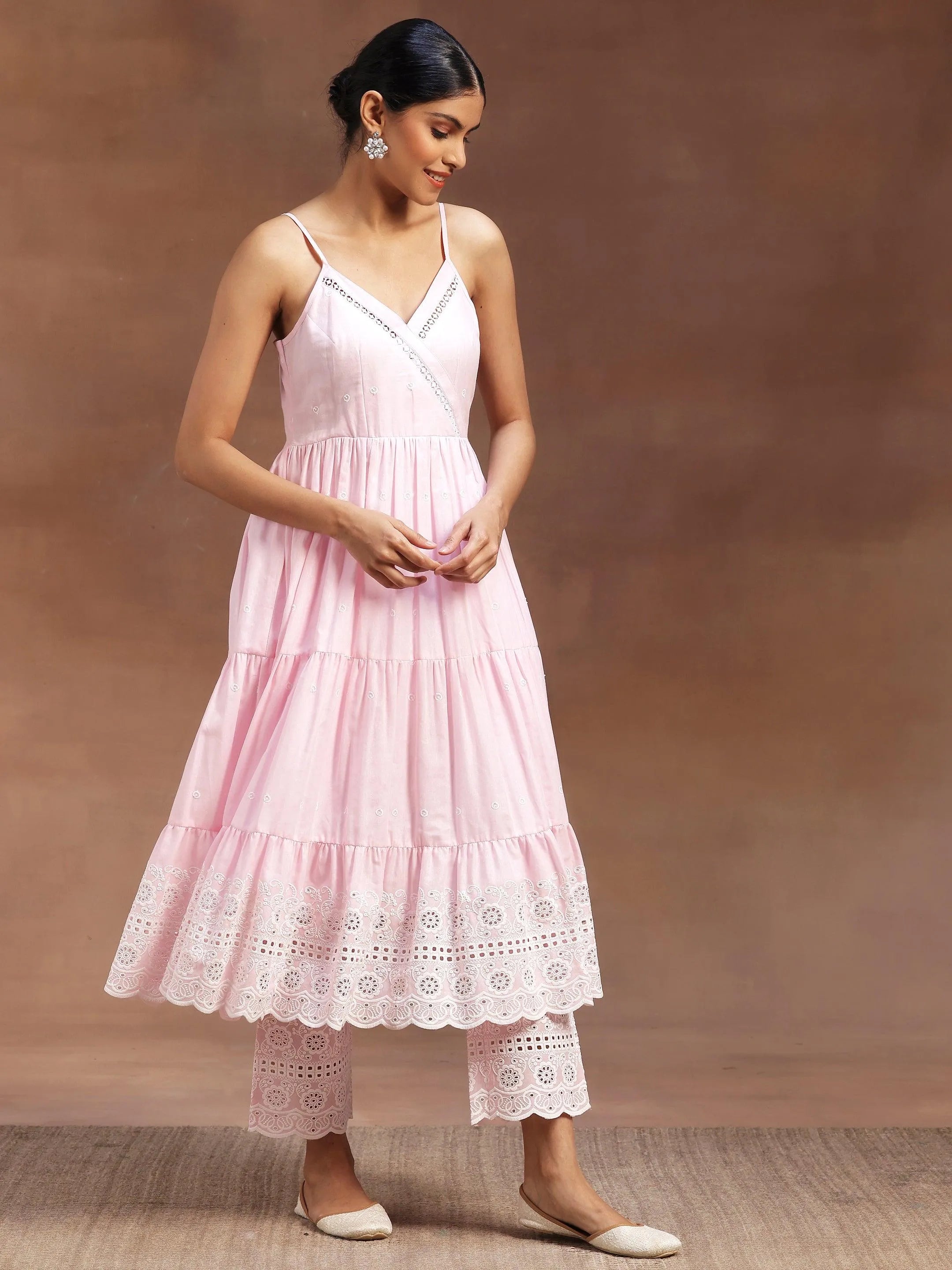 Pink Self Design Cotton Anarkali Kurta With Trousers