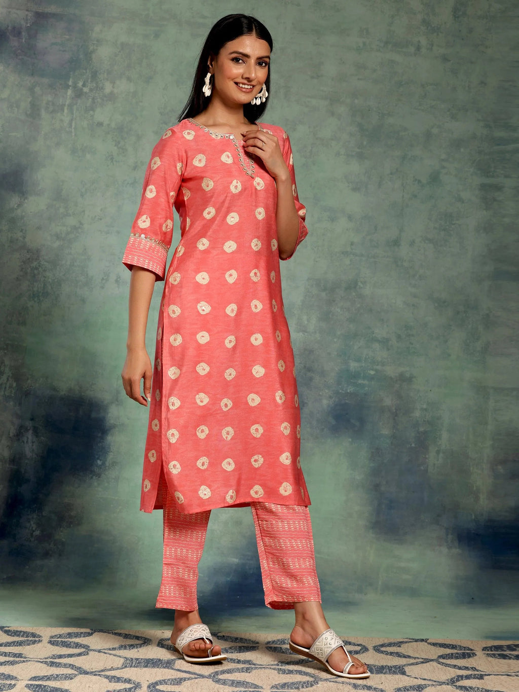 Peach Printed Silk Blend Straight Kurta Set
