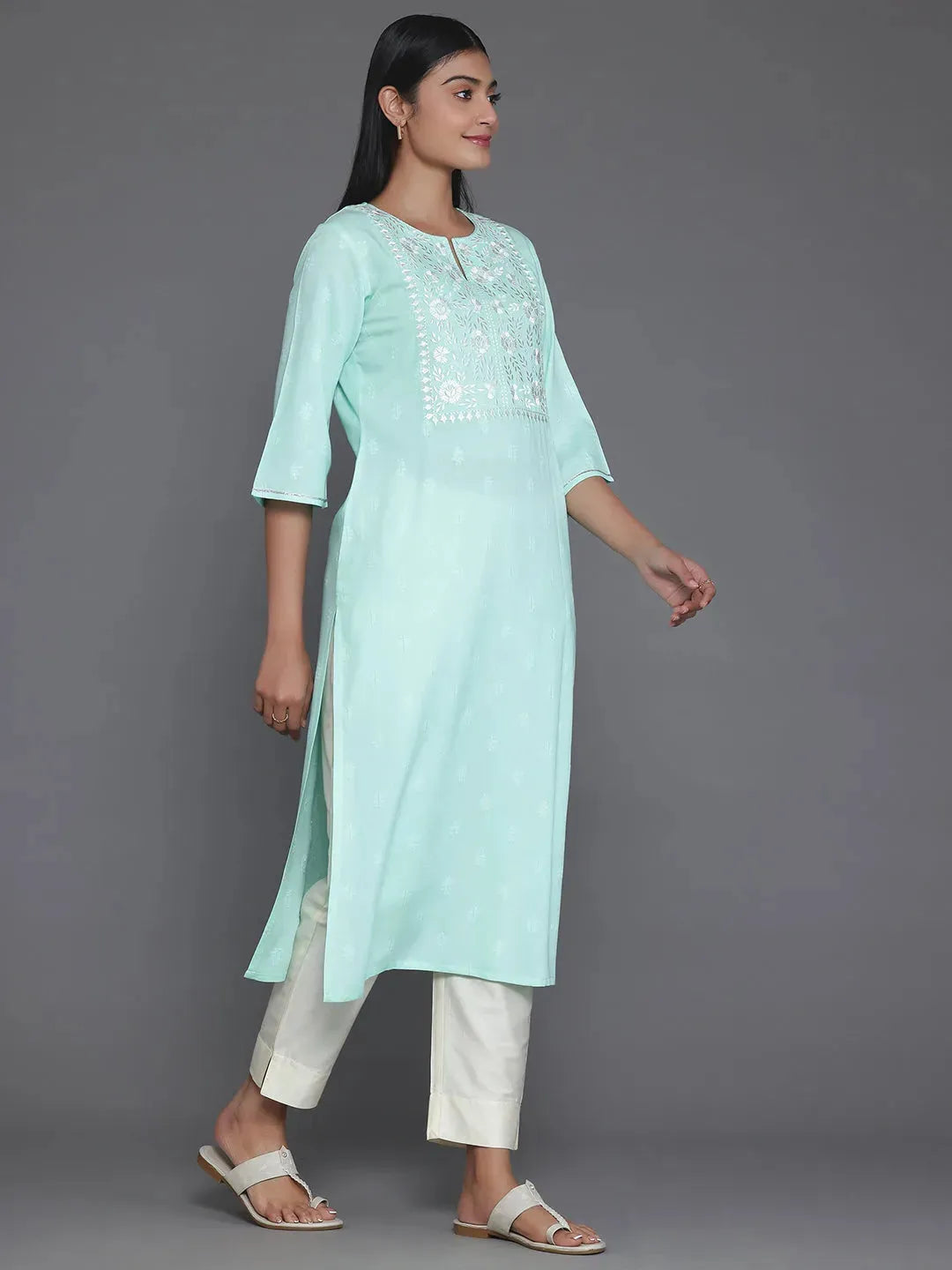 Light Blue Yoke Design Rayon Straight Kurta