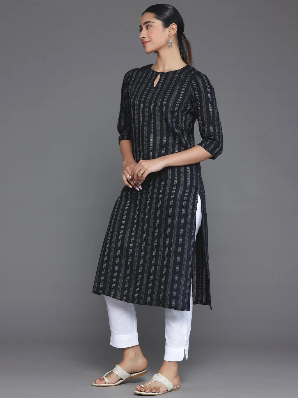 Black Striped Rayon Straight Kurta - Libas
