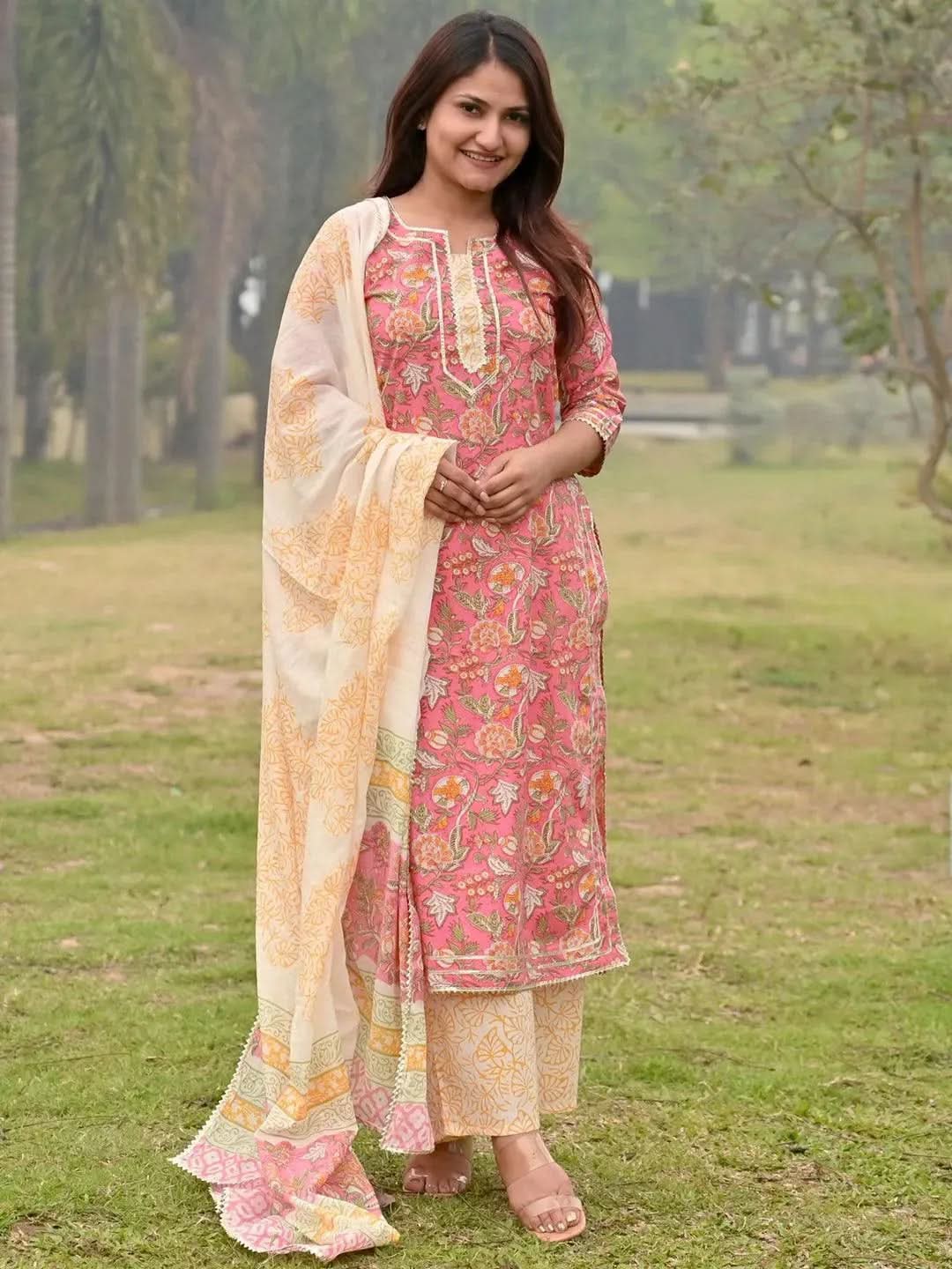 Pink Printed Cotton Straight Kurta With Palazzos & Dupatta