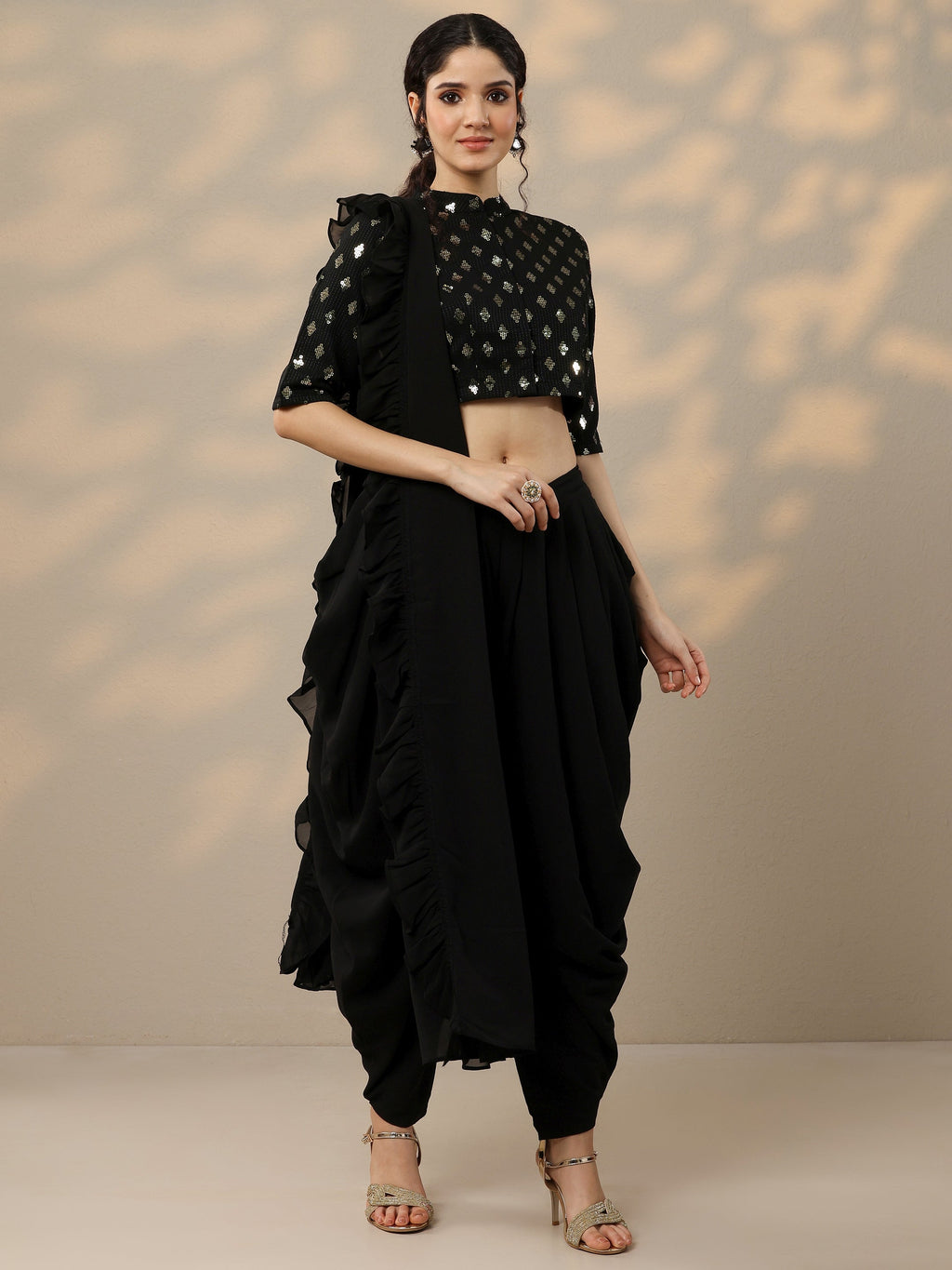 Black Embellished Georgette Dhoti Saree