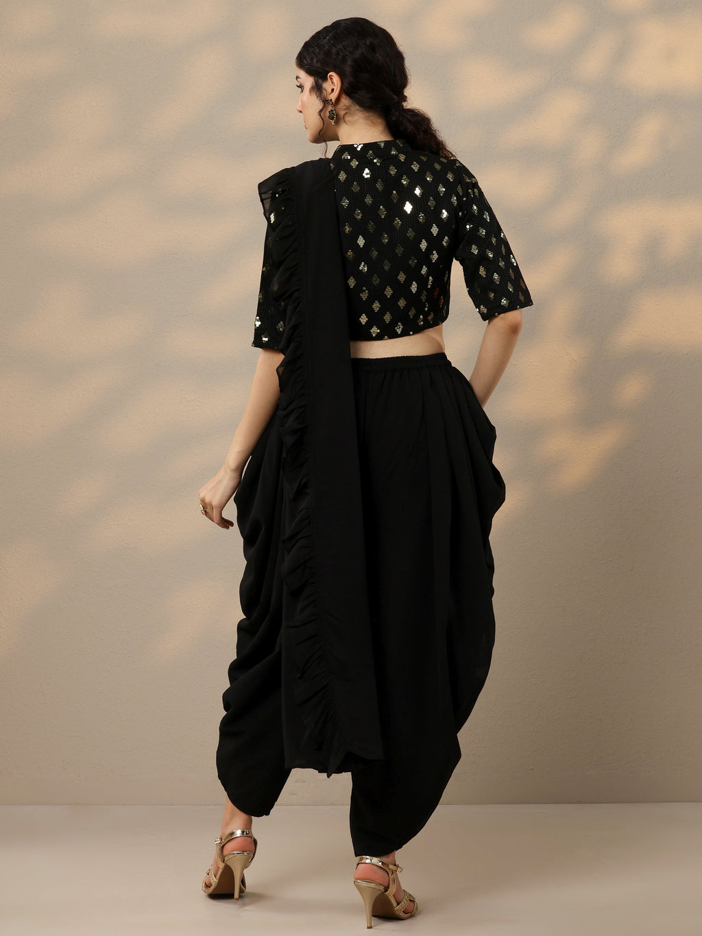 Black Embellished Georgette Dhoti Saree