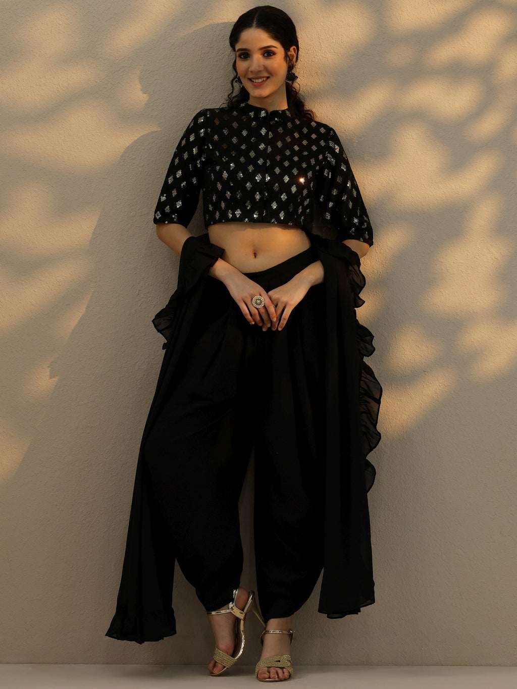 Black Embellished Georgette Dhoti Saree