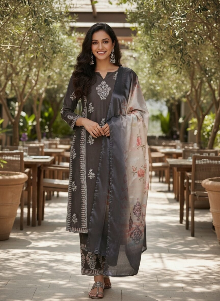Charcoal Printed Silk Blend Straight Kurta With Dupatta