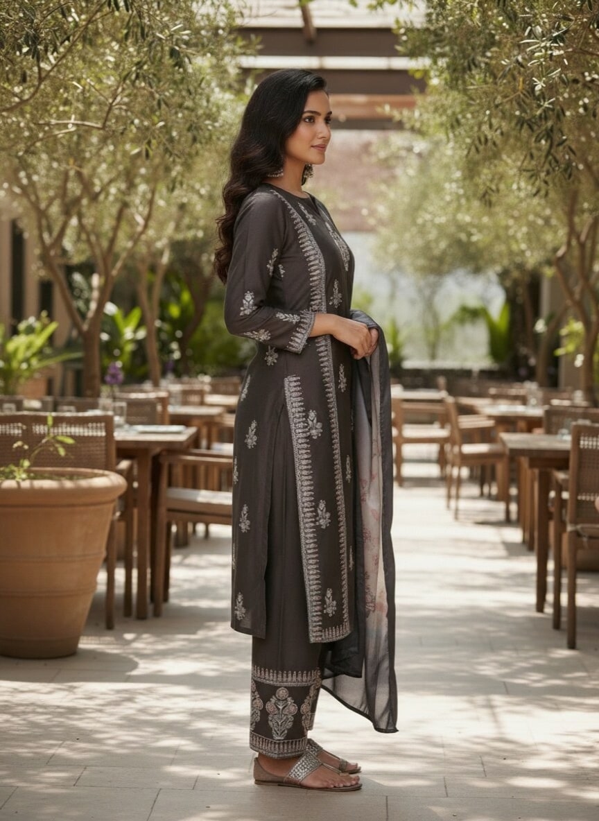 Charcoal Printed Silk Blend Straight Kurta With Dupatta